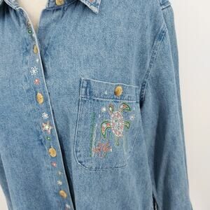 Christopher & Banks Denim Shirt Jacket Size Large Embroidered Long Sleeve Casual